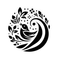 Elegant black and white circular featuring a stylized bird perched amongst leaves and berries, enclosed within a swirling, stylized wave element, creating a harmonious balance. vector