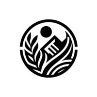 A stylized emblem featuring a syringelike structure nestled among organic shapes, enclosed within a circular frame with a sunlike element, rendered in black and white. vector