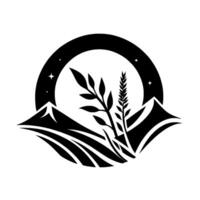 Elegant monochrome silhouette Farmscape with mountains, crops, celestial sphere of stars, and fields in a harmonious circle composition, evoking peace. vector