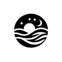 Black and White Circular Emblem Celestial Scene of Stars, Moon, Sun, and Waves. vector