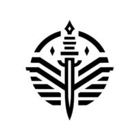 Abstract monochrome emblem featuring a stylized sword piercing a circular with horizontal stripes and diamond accents, conveying strength and artistry. vector