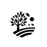 Minimalist Black and White Circular Depicting a Tree on a Hill with Sun and Falling Leaves, Ideal for EcoFriendly Branding vector