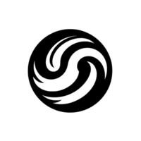 Black and white stylized featuring an abstract circular with swirling, wavelike elements resembling an S shape. vector