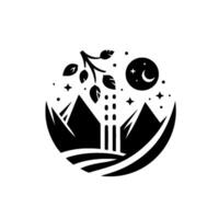 A stylized nocturnal landscape framed within a circle, featuring mountains, a branch with leaves, a crescent moon, and stars, rendered in minimalist black and white. vector