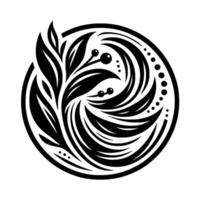 Black and White Circular Botanical Featuring Leaves, Berries, and Swirling Lines, a Modern and Elegant Artistic Illustration. vector