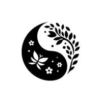 Symbolic Black White Yin Yang Illustration with Floral Botanical Elements Representing Harmony and Balance on White Background. vector