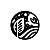 A minimalist black and white circular of a natural landscape featuring stylized leaves, mountains, fields, and sky elements. vector