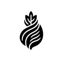 A minimalist, stylized featuring a black, organic form reminiscent of a flame or leaf, composed of layered lines and topped with small leaves, all set against a stark white background. vector