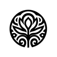 Black and white symmetrical floral emblem within a circle, resembling a stylized tree with a blossoming flower, organic, and intricate. vector