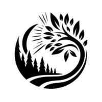 Stylized Black White Nature Emblem Sun, Pine Trees, Tree, and Water Within a Circular . vector