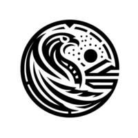 A Bold, Circular Depicting a Stylized Eagle Silhouette, Incorporated into a Geometric with Celestial and Landscape Elements. vector
