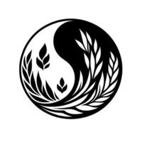 Yin and Yang Symbol with Botanical Elements, Black and White Artistic Representation of Balance, Harmony, and Nature in Circular Composition. vector