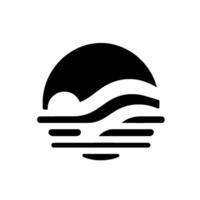 Abstract minimalist depicting a sunset over ocean waves, rendered in stark black and white against a blank canvas. vector