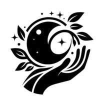 Celestial hand cradles a crescent moon entwined with foliage, surrounded by stars and dots, embodying a mystical and natural essence in striking black and white. vector