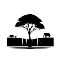 Silhouette of an African landscape featuring a stylized tree, smaller trees, an elephant, all on a layered platform. vector