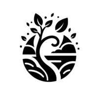 A stylized black and white circular emblem featuring a growing tree emerging from landscape elements within a minimalist , with scattered leaves and dots. vector