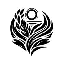 A symmetrical, stylized featuring a central leafy element, flanked by curved wings and a sunlike circle at the top, all in bold black on white. vector