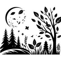 Black and White Silhouette Forest Scene with Crescent Moon, Trees, Plants, Flowers, and Foliage in a minimalist style. vector
