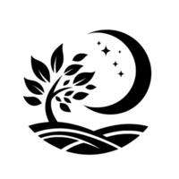 A minimalist black and white , depicting a stylized tree with leafy branches, situated on a rolling landscape, under a crescent moon and sparkling stars, conveying a sense of tranquility an vector