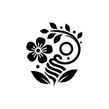 Elegant Black and White Floral Motif A stylized botanical featuring a flower, leaves, and a flowing, circular element on a pristine white backdrop. vector