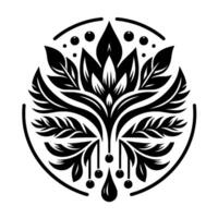 Intricate Black and White Floral Mandala, featuring stylized leaves, petals, and droplets, enclosed within a circular frame. vector
