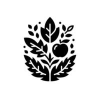 Stylized monochrome floral emblem with an apple, leaves, and berries, creating a symmetrical on a white background. vector