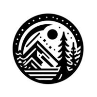 Black and white circular emblem featuring stylized mountain range, lake, pine trees, moon, and stars, with a dotted border. vector