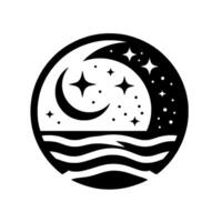 A stylized, circular black and white illustration depicting a crescent moon and stars over a wavy sea, within a minimalist . vector