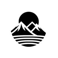 A minimalist black and white featuring a stylized mountain range silhouetted against a rising sun, with horizontal stripes indicating water. vector