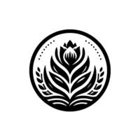 Elegant black and white botanical illustration, a stylized lotus flower emblem, framed in a circle, with dotted embellishments, all on a stark white background. vector