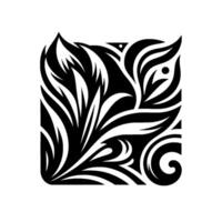 Stylized floral square, symmetrical black and white botanical pattern with leaves, swirls, and an artistic minimalist aesthetic. vector