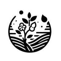 Black and white minimalist illustration, encapsulated in a circle, featuring a stylized blooming plant amidst field, sky elements and drops. vector