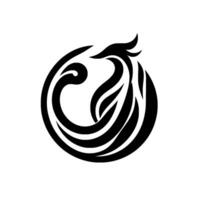 A stylized, elegant black phoenix emblem, depicted within a circular frame on a pristine white background, representing rebirth and strength. vector