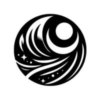 A stylized, black and white circular featuring celestial elements moon, stars, and flowing lines evoking cosmic energy and a sense of elegance. vector