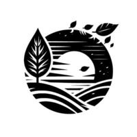 A stylized black and white illustration of a landscape within a circular frame, featuring a tree, rolling hills, a sun, and falling leaves, evoking a sense of simplicity and nature. vector