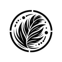 A minimalistic, symmetrical , featuring a stylized black leaf and decorative elements enclosed within a circle on a white background. vector