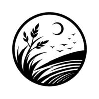 Black and white silhouette of a rural landscape within a circle, featuring wheat, moon, birds, and a tiered field, conveying a serene, minimalist aesthetic. vector