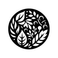 Intricate black and white circular showcasing stylized leaves, berries, and floral elements, evoking a sense of nature and harmony. vector