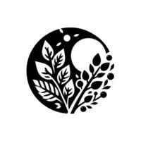 Stylized Monochrome Composition A Circular Arrangement Featuring Leafy Foliage and Berried Branches Enclosed Within a Black Circle and White Moon. vector