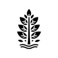 A stylized, minimalist black and white illustration of a leafy plant emerging from wavy lines, representing growth and nature. vector
