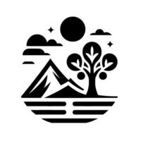 Stylized monochrome illustration of a mountain landscape with a tree, sun, clouds, and stars, inside a circle. vector