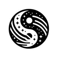 Celestial YinYang Symbol Harmonious Balance of Night and Day Depicted with Stars, Moons, and Cosmic Elements Against a Clean White Backdrop. vector