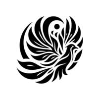 A stylized black and white phoenix emblem, intricately designed with swirling feathers within a circular composition. vector