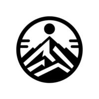 Black and White Minimalist Mountain Peaks, Sun, and Geometric Arrow Within a Circular Frame. vector