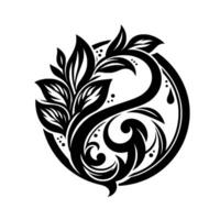 Intricate Black and White Floral Emblem Stylized Leaves, Swirls, and Dots Composing a Symmetrical and Elegant Circular . vector