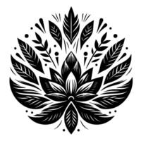 Intricate Black and White Botanical Mandala Stylized Floral and Leaf Elements Radiating from Central Lotus, Set Against a Clean White Background. vector