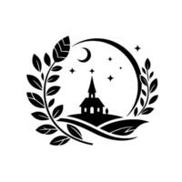 Silhouette of a Church on a Hill Surrounded by a Leafy Wreath Under a Crescent Moon and Stars. vector