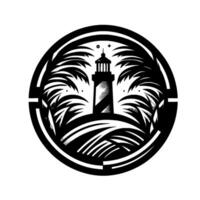 Stylized Black and White Coastal Lighthouse framed by palm fronds and ocean waves within a circular emblem. vector