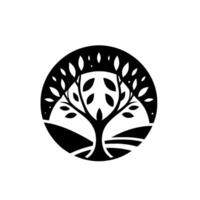 A stylized, minimalist, black and white depicting a tree within a circular frame, surrounded by stylized leaves and rolling hills. vector
