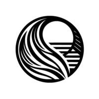 Abstract monochrome featuring a stylized ocean scene within a circle waves flow into a horizon with horizontal lines and a simplified sun or moon. vector